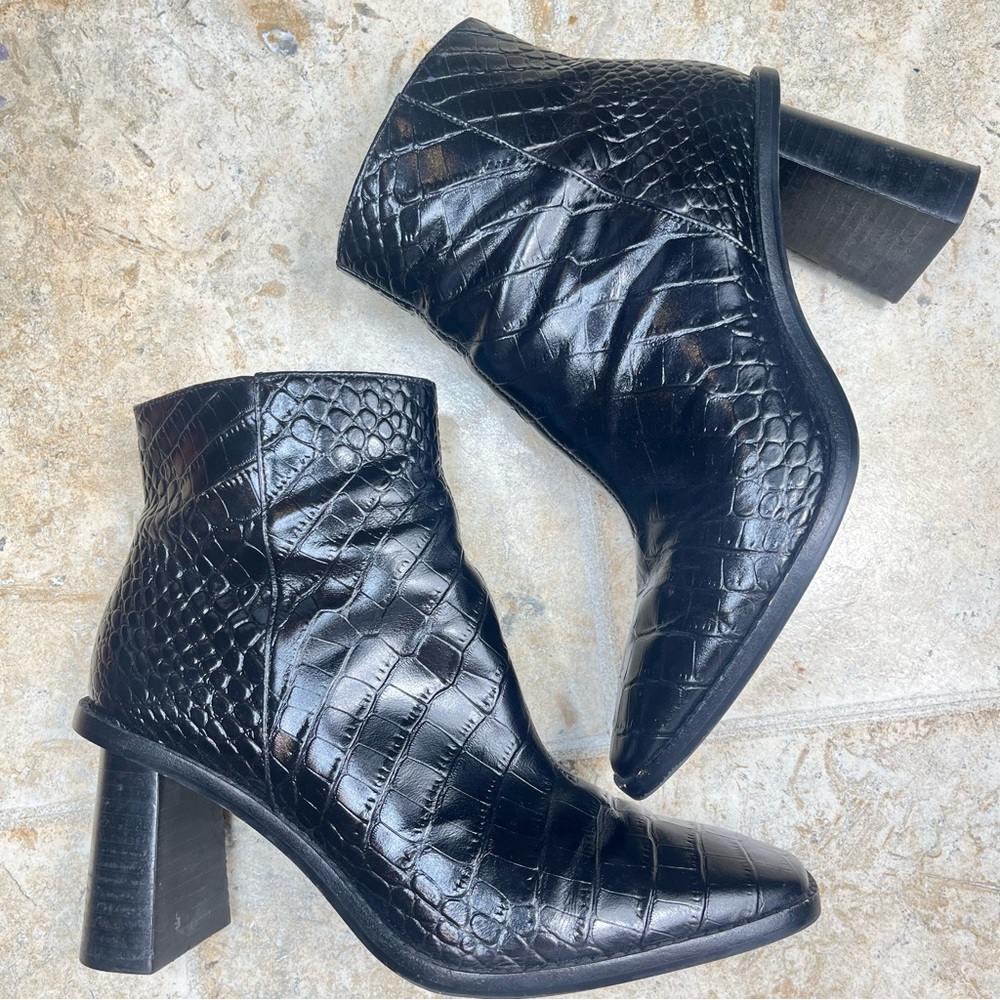 Anthropologie Black Croc-Embossed Ankle Boots